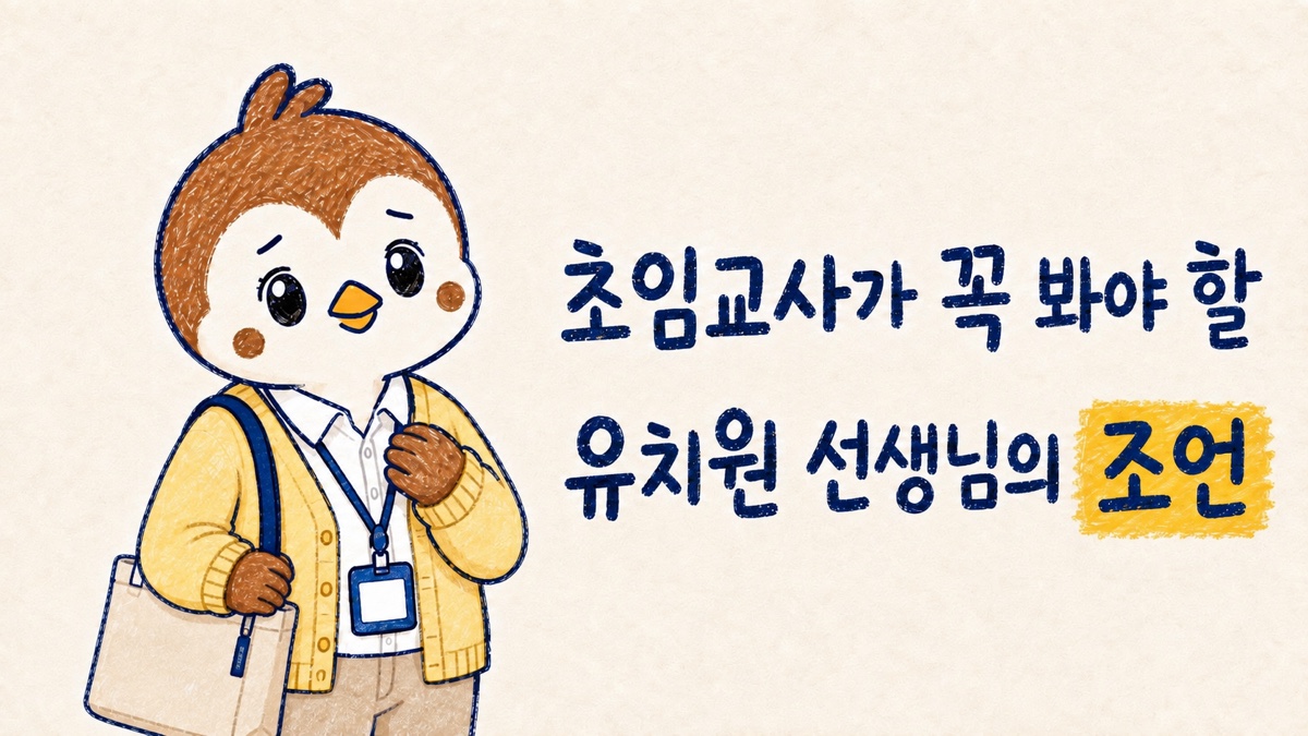 따뜻한 아이보리 종이 배경에서 현대적인 크림색 캔버스 숄더백을 멘 초임 참새쌤 옆에 초임교사가 꼭 봐야 할, 유치원 선생님의 조언이라고 적힌 이야기형 대표 이미지